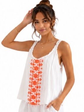 NWT Hollister White Embroidered Tank Top XS Boho Beachy Gauze Loose Fit Y2K